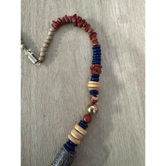 Vintage Murano Venetian Millefiori Beaded Necklace With Red & Blue Accents 16" - Picture 7 of 9
